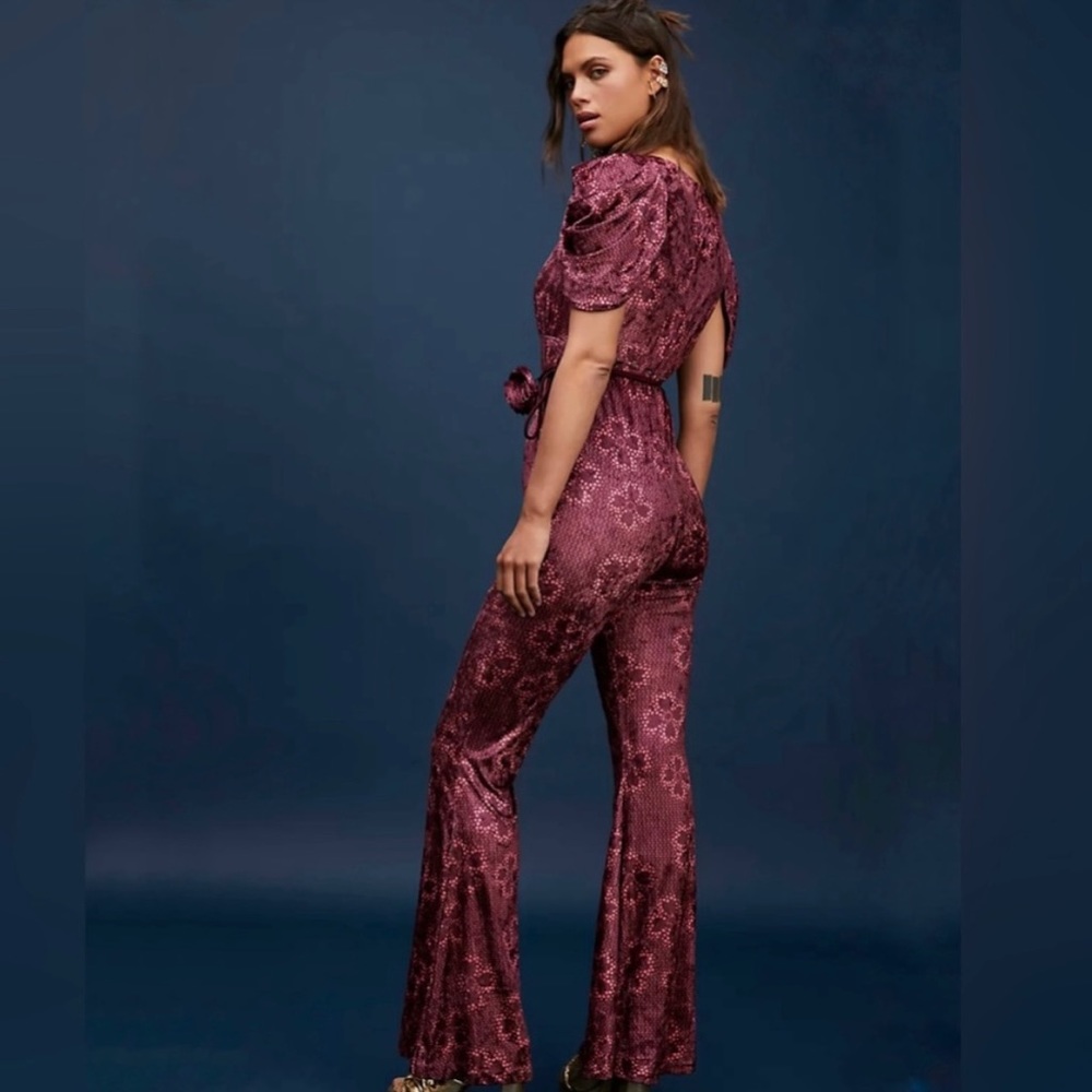 Free People Mulberry Floral Rosaline Velvet Flared Leg Jumpsuit - Picture 2 of 16